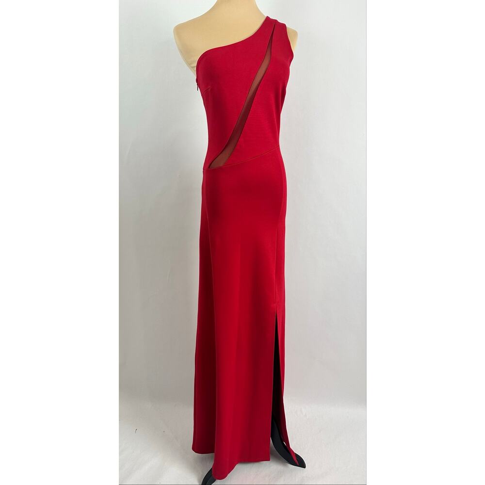 Marcella NYC Red One-Shoulder Mesh Cut-Out Side Slit Ponte Maxi Dress Size XS
